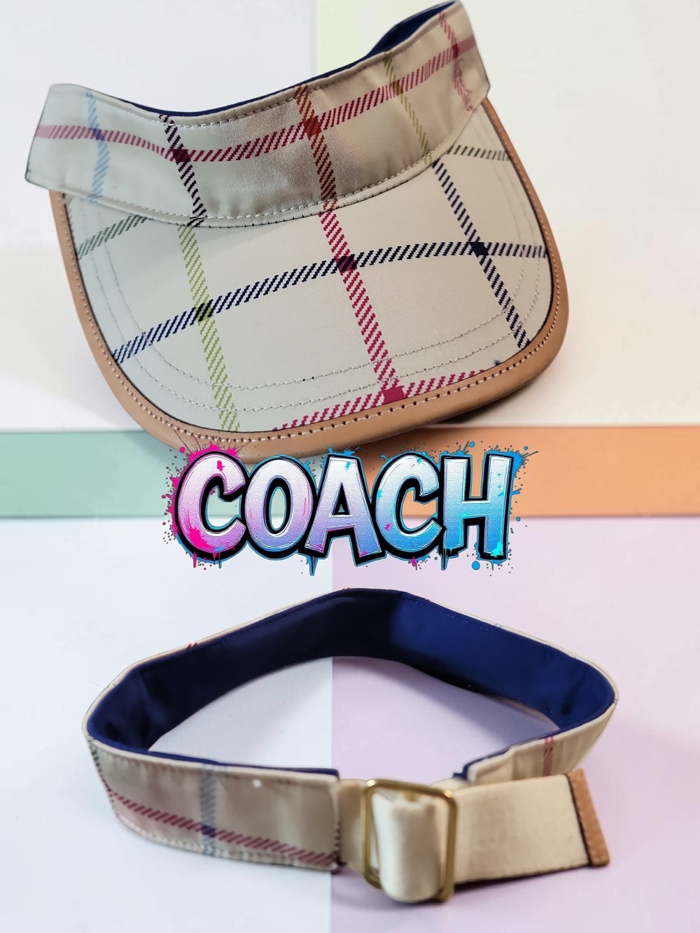 COACH Rare Tattersal Sun Visor with Tan Leather Trim One SIZE